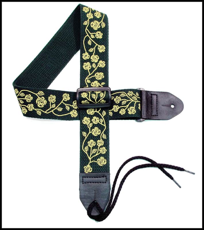 Girls Guitar Strap 2" Cotton Guitar Strap with Yellow Roses on a Forest Green Strap image 1