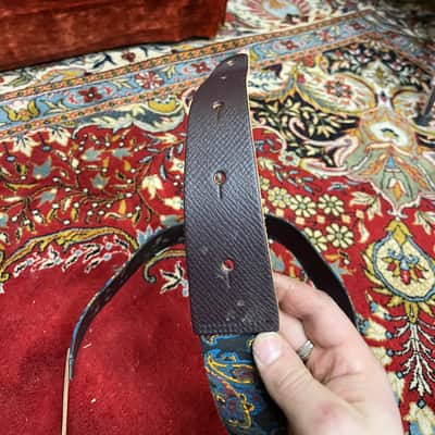 Bobby Lee Black blue orange paisley and brown leather guitar strap 1960s image 3