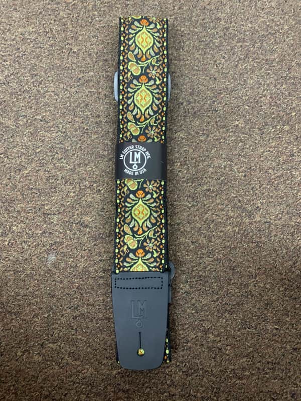 LM Jaquard yellow & orange RETRO pattern GUITAR strap NEW nylon - LEATHER ends image 1