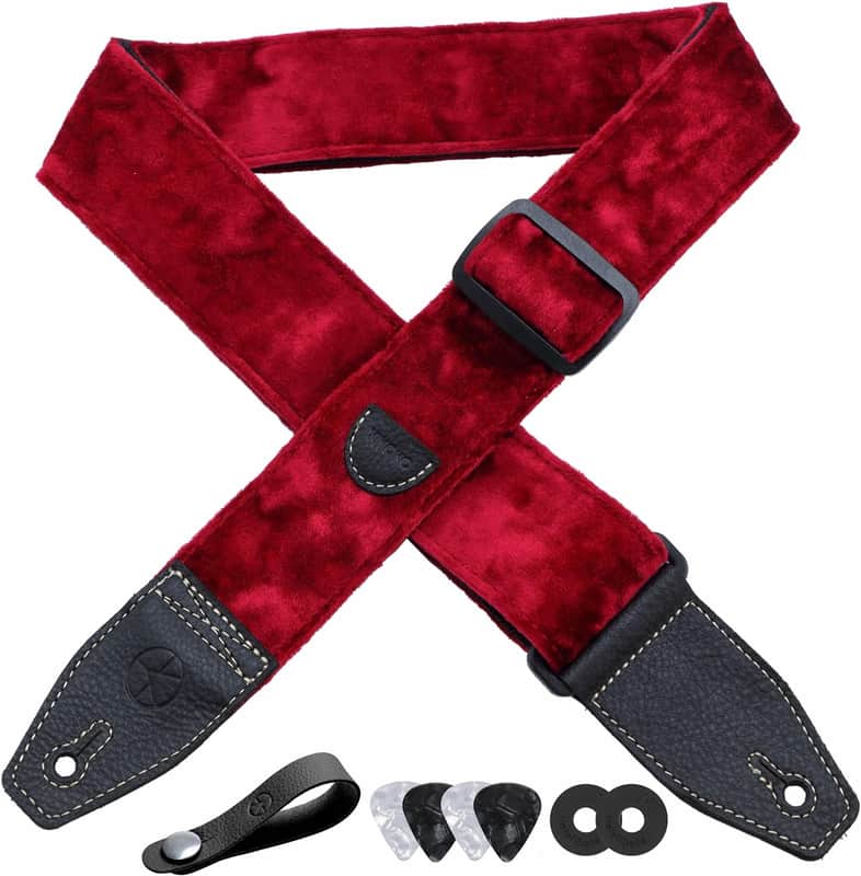 Guitar Strap 2 inch Velvet Guitar Straps with Full Grain Leather End, for Bass Electric and Acoustic Guitars, Free Strap Button, 2 Strap Locks and 4 Guitar Picks image 1