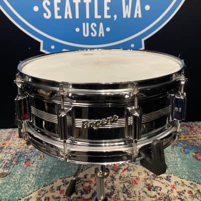 David Frangioni Collection, Rogers - 14x5" Metal, 5-Line, Dyna-Sonic, Chrome Over Brass, Snare Drum, With Beavertail Lugs, 1960's - Chrome image 12