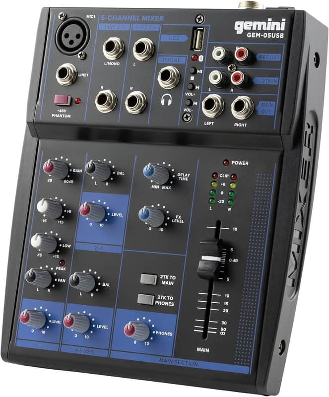 Gemini GEM-05USB Compact 5 Channel Bluetooth Audio Mixer With USB - Bluetooth
Direct Streaming, 5 Ins, 2 Bus, 2 Band EQ image 1