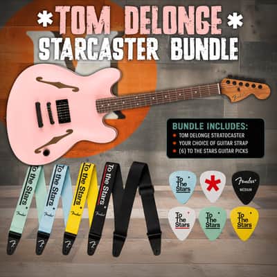 Fender Tom DeLonge Starcaster Rosewood Fingerboard, Black Hardware - Satin Shell Pink Picks and Strap Bundle image 1