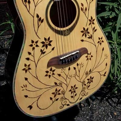 Seitzinger Custom Hand Engraved Pyrography Floral artwork Dreadnought Acoustic Guitar, DMS image 5