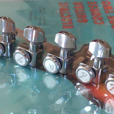 6 LEFTY Genuine Fender CHROME LOCKING Tuners Inline 2 Pin F Logo Machines Staggered NOS Left Hand Two-Pin Mount image 3
