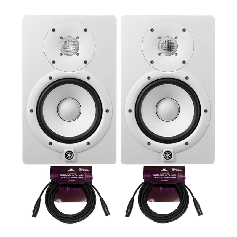 YAMAHA HS7W 6.5-Inch Powered Studio Monitor (White, 2-Pack) Bundle with 25-Feet XLR Male to XLR Female Microphone Cable (2-Pack) (4 Items) image 1