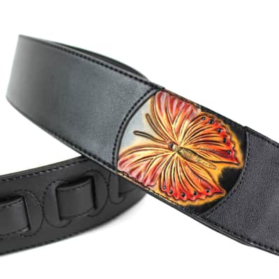 Walker & Williams WW-CVG-166 Scarlet Red And Gold Glider Butterfly Design On Black Padded Strap 2021 image 3