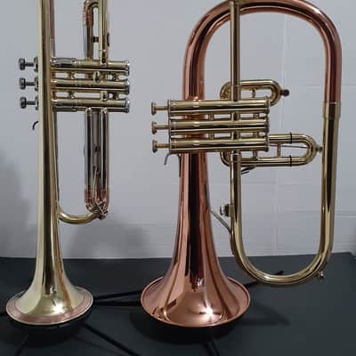 Blessing Flugelhorn & GETZEN Super Deluxe Trumpet W Combo Case & MP's - Clear Lacquer / Raw Brass image 6
