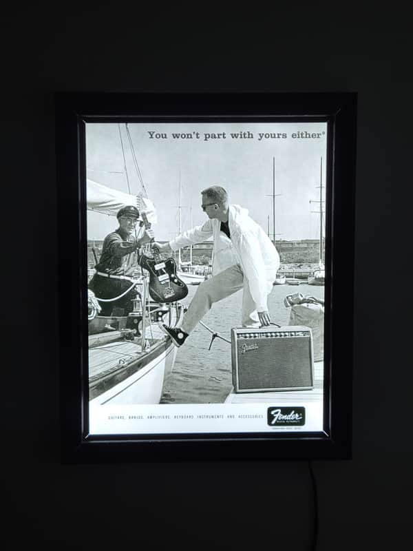 1960 Fender "You Wont Part With Yours Either" Boat Dock Jazzmaster/Brown Super Backlit Movie Style Poster 16 X 20 Man Cave, Music Room image 1