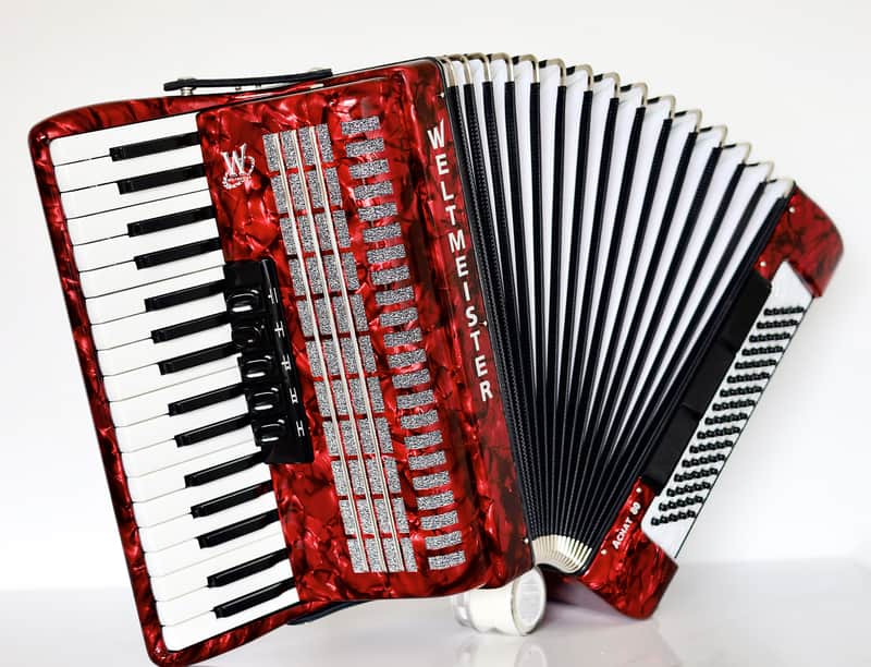 NEW Weltmeister Achat 80 Piano Accordion made in Germany, 80 Bass buttons, Original New Straps and Case, Keyboard Accordian, Red, Shipping from USA image 1