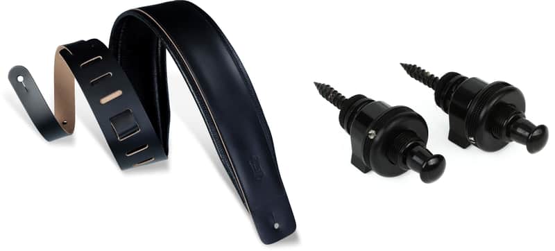 Schaller S-Locks Security Strap Locks - Black Chrome Bundle with Levy's DM1 3" Leather Guitar Strap with Padded Interior- Black image 1
