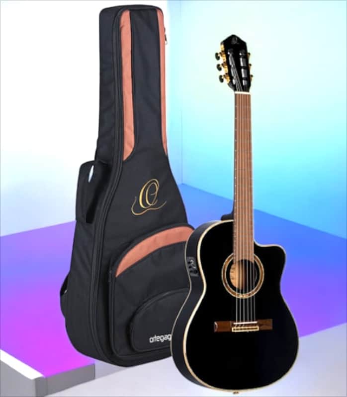 Immagine Ortega Guitars RCE138-T4BK Feel Series Slim Neck Acoustic-Electric Guitar TL Nylon w/ Bag, Black - 1