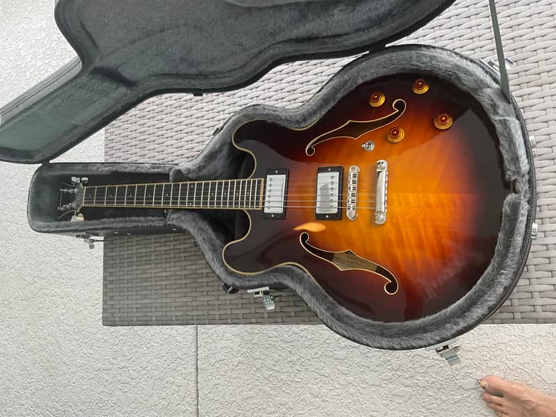 Eastman T186MX semi hollow sunburst with case solid maple top solid mahogany b&s image 1
