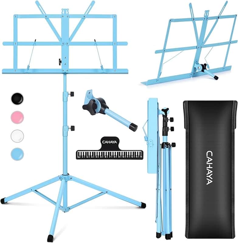Folding Sheet Music Stand & Desktop Book Stand Lightweight Portable Adjustable with Carrying Bag, Metal Music Stand with Music Sheet Clip Holder Blue CY0204-3 image 1