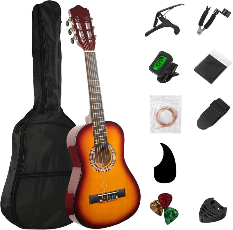 30in Beginner Acoustic Guitar Basic Starter Kit Tuner Bag Capo Strings Winders Strap Picks Student/Kids Guitar Pickguard with Gig Bag Sunset image 1