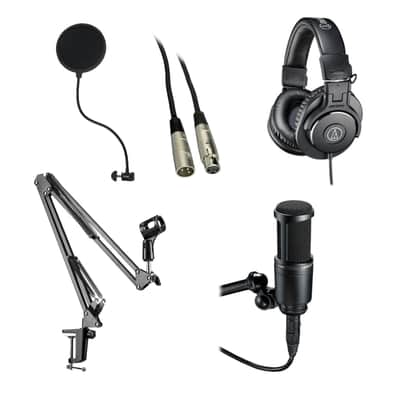 Audio-Technica AT2020 Cardioid Condenser Microphone with Audio-Technica ATH-M30x Monitoring Headphones, Microphone Pop Filter, StreamEye Adjustable Boom Arm & XLR Cable image 2