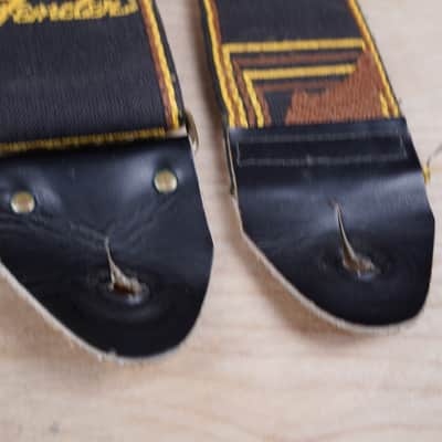 Fender Guitar Strap 1970s Black / Yellow with Brown Leather Back Vintage image 6
