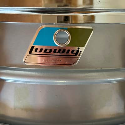Ludwig L-404 Acrolite 5x14" 8-Lug Aluminum Snare Drum with Rounded Blue/Olive Badge 1979 - 1993 - Gray image 5