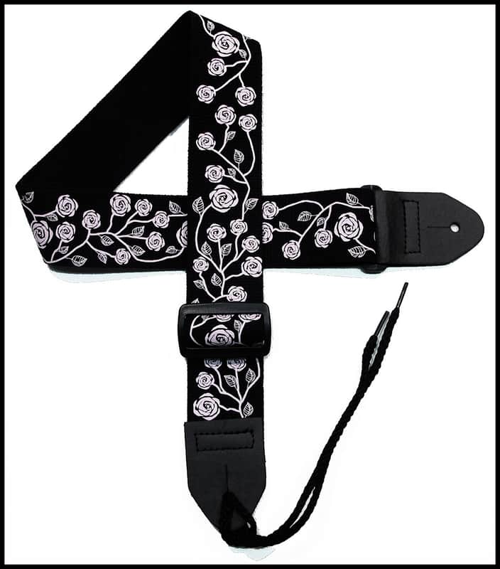Girls Guitar Strap 2" Cotton Guitar Strap with Pastel Pink Roses on a Black Strap image 1