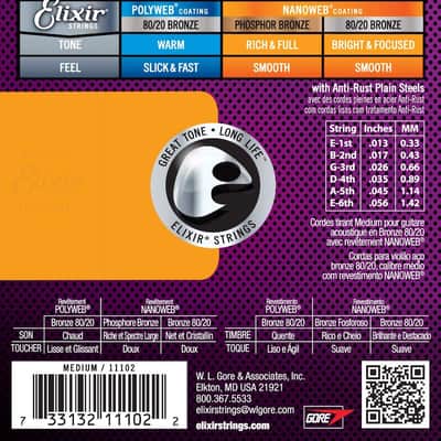 Elixir 11102 Nanoweb 80/20 Bronze Acoustic Guitar Strings - Custom Medium (13-56) image 2
