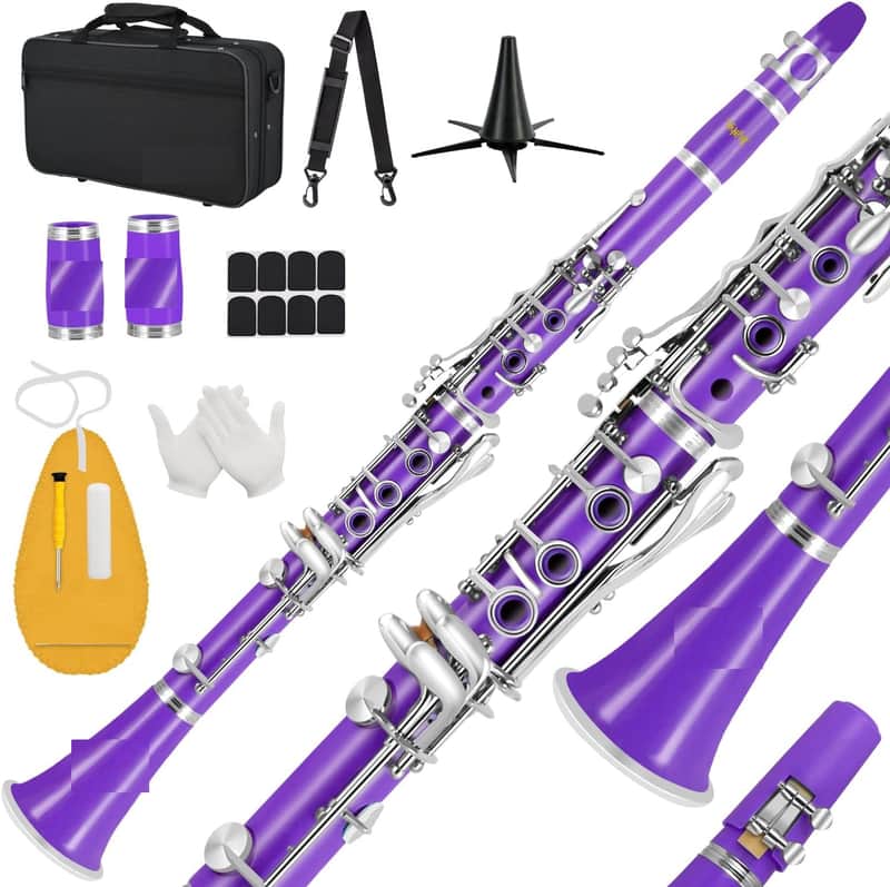 Bb Clarinet For Beginners Students B Flat Clarinet 17 Keys Clarinet with Case Stand Strap 2 Barrels 8 Mouthpiece Cushion White Gloves Cleaning Kit(Purple) image 1