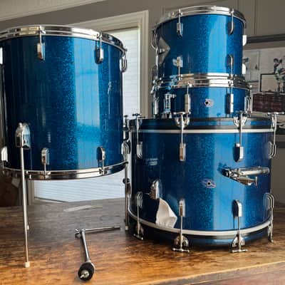 1963 Shelly Manne w Matching Snare Leedy Slingerland Drum set 13/16/22 w 5.5x14 EXC Blue Sparkle image 24