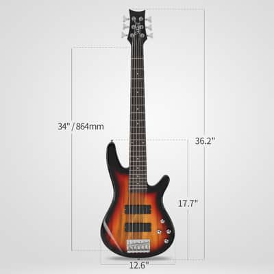 Glarry Full Size GIB 6 String H-H Pickup Electric Bass Guitar Bag Strap Pick Connector Wrench Tool 2020s - Sunset Color image 7