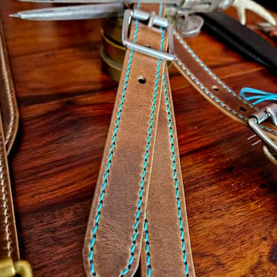Hand Made, Hand Stitched Guitar strap "Rockatansky" in Taupe & Turquoise- Vegetable Tanned Leather image 5