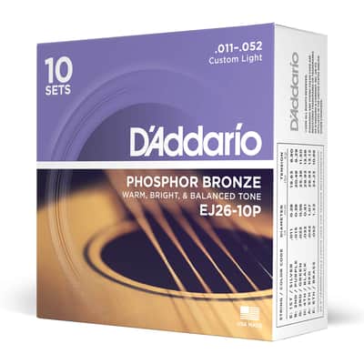 D'Addario Guitar Strings - Phosphor Bronze Acoustic Guitar Strings - EJ26-10P - Rich, Full Tonal Spectrum - For 6 String Guitars - 11-52 Custom Light, 10-Pack image 1