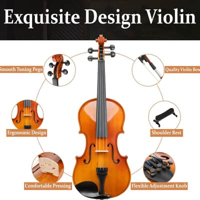 3/4 Violin Set For Beginners - Hand Carved Acoustic Violins Set - Fiddle Solidwood Kit with Hard Case, Two Bows, Tuner, Rosin, Shoulder Rest, Extra Strings image 2