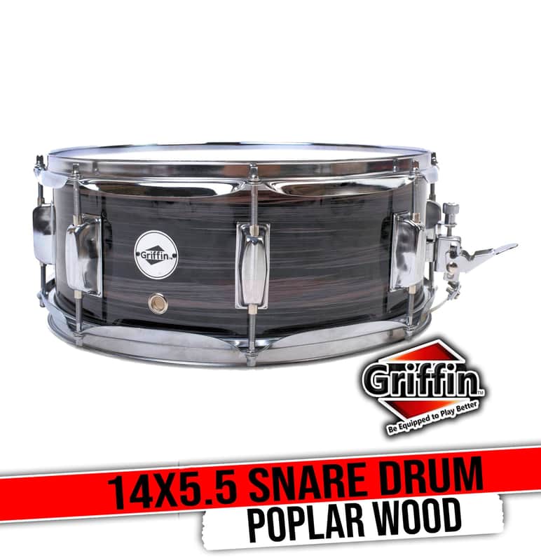 GRIFFIN Snare Drum – 14" x 5.5" (PoplarPro Edition) Wood Shell with Zebra PVC Gloss Finish, Coated Head, 8 Tuning Lugs, Snare Throw Off & Key image 1
