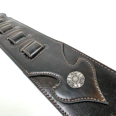 Walker & Williams LIP-07 Dark Bourbon Brown Carved Leather Spade Cut Strap with Tooled Cross and Thorns image 9