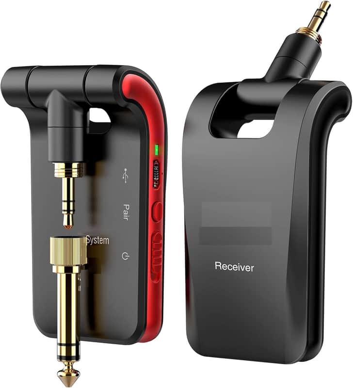 Wireless Guitar System 2.4GHz Rechargeable Audio Wireless Transmitter Receiver 6 Channels for Guitar Bass Electric Instruments, Stereo and Mono 1/4” & 1/8” 2 in 1 Plugs,Black image 1