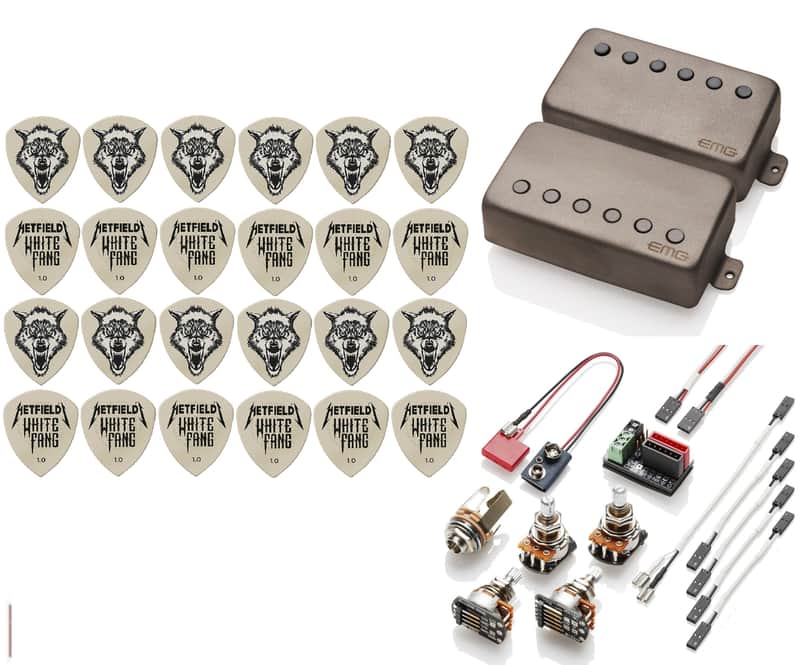 EMG F JH SET JAMES HETFIELD SANDBLASTED SET 52mm FLOYD ROSE SPACED SHORT SHAFT POTS & WIRING ( 24 WHITE FANG PICKS ) image 1