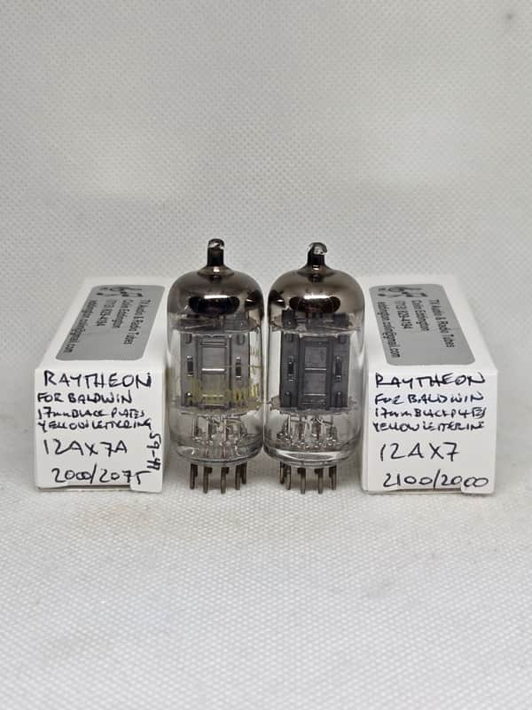 Raytheon Made For Baldwin 1959 12AX7A Long Black Plate Well Matched (4.7%) Pair NOS ECC83 12AX7 image 1
