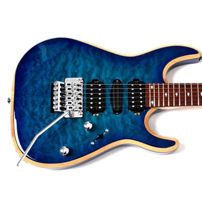 Blem Bootlegger Guitar Royal HHH, Floyd Rose Double Locking Tremolo  Blue Clear Quilted Maple finish, Stiletto Hard Case image 3