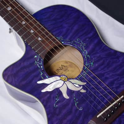 LUNA Flora PassionFlower LEFT HANDED acoustic electric parlor GUITAR - Trans Purple - LEFTY w/ Bag image 3