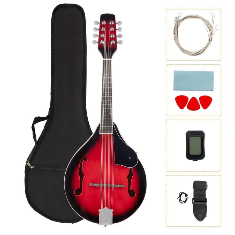 8-String A-Style Mandolin Bundle – Sunset Red with Gig Bag, Tuner, Strings & Picks – Perfect for Beginners & School Gift image 1