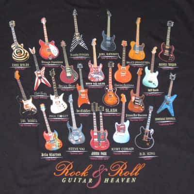 new old stock (NO paper hang-tag) A+ Taboo Rock Rock and Roll Guitar Heaven Shirt (XL) Black T shirt w/ many iconic guitars graphic (NO packaging) image 3