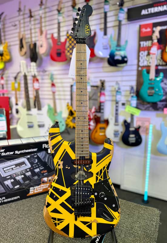 EVH Limited Edition Striped Series Frankenstein Frankie, Maple Fingerboard, Black with Yellow Stripes, Aged image 1