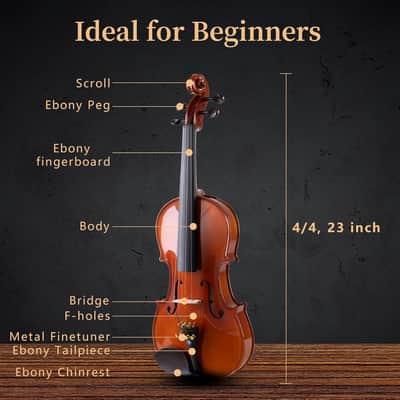 Violin 4/4 Full Set,Beginner Violin for Adults,Kids,Students,4/4 Violin with spruce,maple and ebony accessories,Full Size Violin with 13 pieces for Beginner image 2
