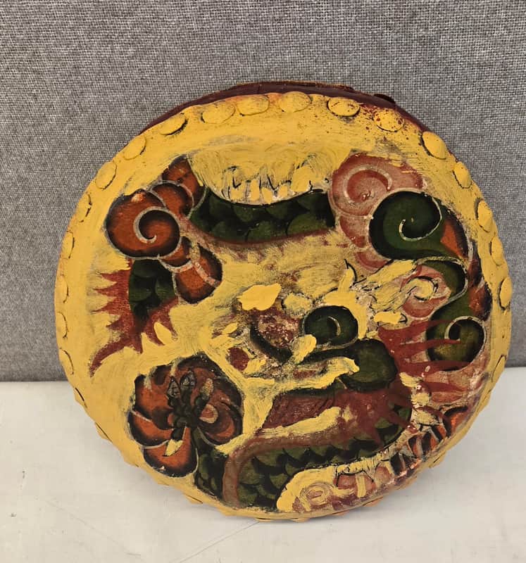 Vintage Chinese Tack Double Sided Painted Hand Drum 10 X 4 image 1