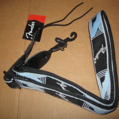 new with tags genuine Fender 2" Monogrammed Guitar Strap Black, Light Gray, and Light Blue - Fender part number: 099-0681-502, Fully adjustable length (39"-72") Woven Fender logo and guitar headstock design, polyester backing, black leather ends image 15