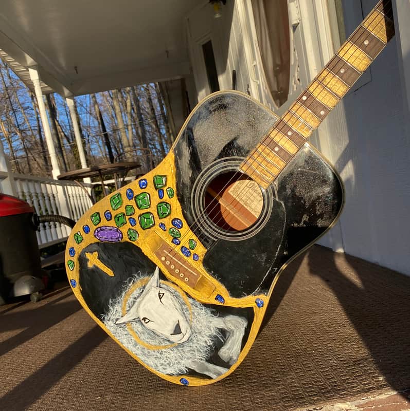 Custom Hand Painted Ibanez Deadnaught Guitar with Medieval Angus Dei Lamb of God design image 1