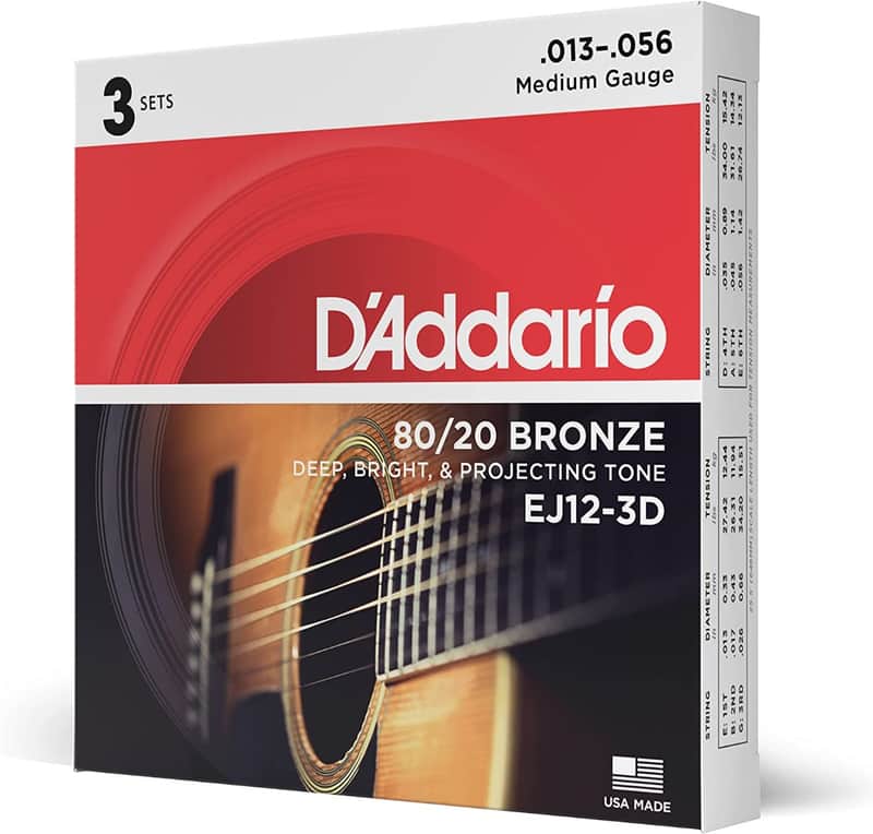 D'Addario EJ12-3D 80/20 Bronze, Medium 13-56 Acoustic Guitar Strings - 3 PACK image 1