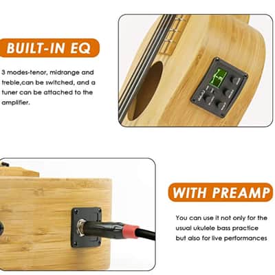 AKLOT Acoustic-Electric Bass Ukulele bamboo with soft case, humidifier, strap and tuning key image 4