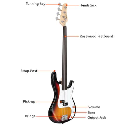 Glarry Fretless Electric Bass Guitar Full Size 4 String for experienced Bass Players Cord Wrench Tool Sunset Color image 22