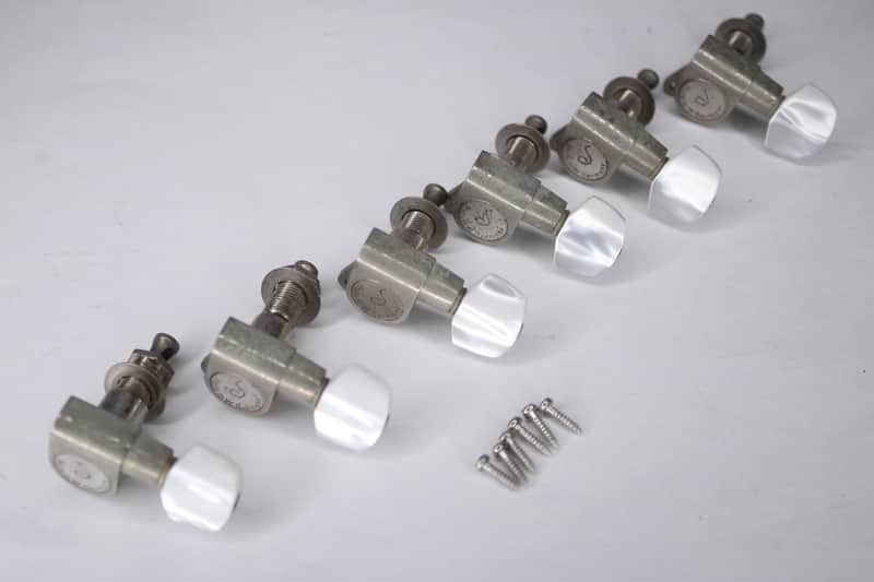 Vintage Schaller Tuners 6 In-line - Pearl Buttons - Nickel Plated w/ Screws image 1