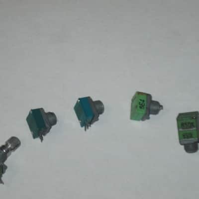 FIVE broken (for parts - AS IS/ FINAL SALE) Boss / Alpha & Alps  potentiometers (various values) 1990s - 2010s - 3 green, 2 teal, 4 are square, 1 is rectangle (stacked) values are in the description (NO: pedals/other items) image 3