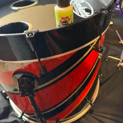Rikki Rockett's Poison, Rockett Drum Works 2011 Tour Set. Maple/Carbon Fiber 18x22 (x2) 14.5x16, 12.5x14, 9.5x12. MultiColor Stripe Wrap image 8